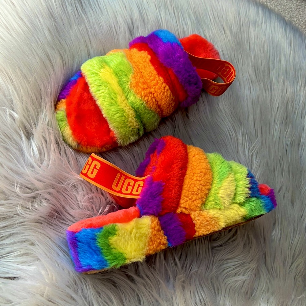 Ugg Fluff Yeah Slide Cali Collage Rainbow Stripes